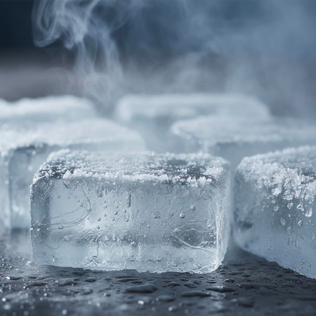 Blocks of sliced dry ice with frost forming on the surface